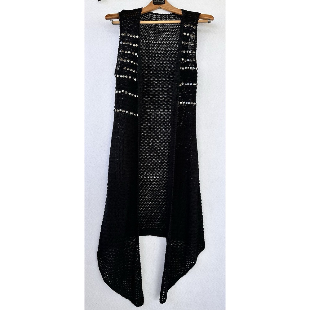 Vertigo Duster Cardigan Beaded Knitted Womens M Black Good